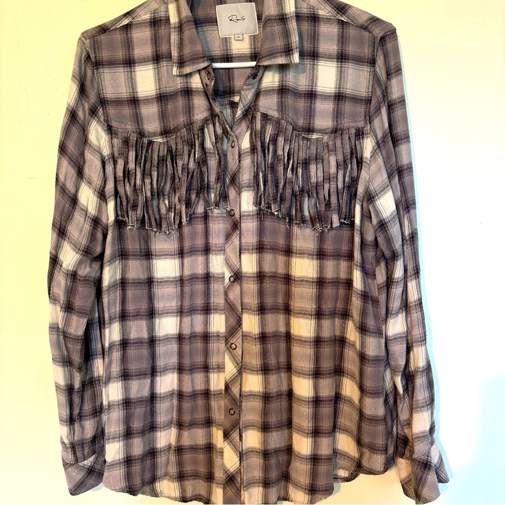 Rails Dolly Shirt in Olive Black Mini Check Plaid‎ with Fringe Size M